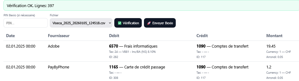 Illustration du projet :  Importation des écritures dans Bexio remises par VISA  
